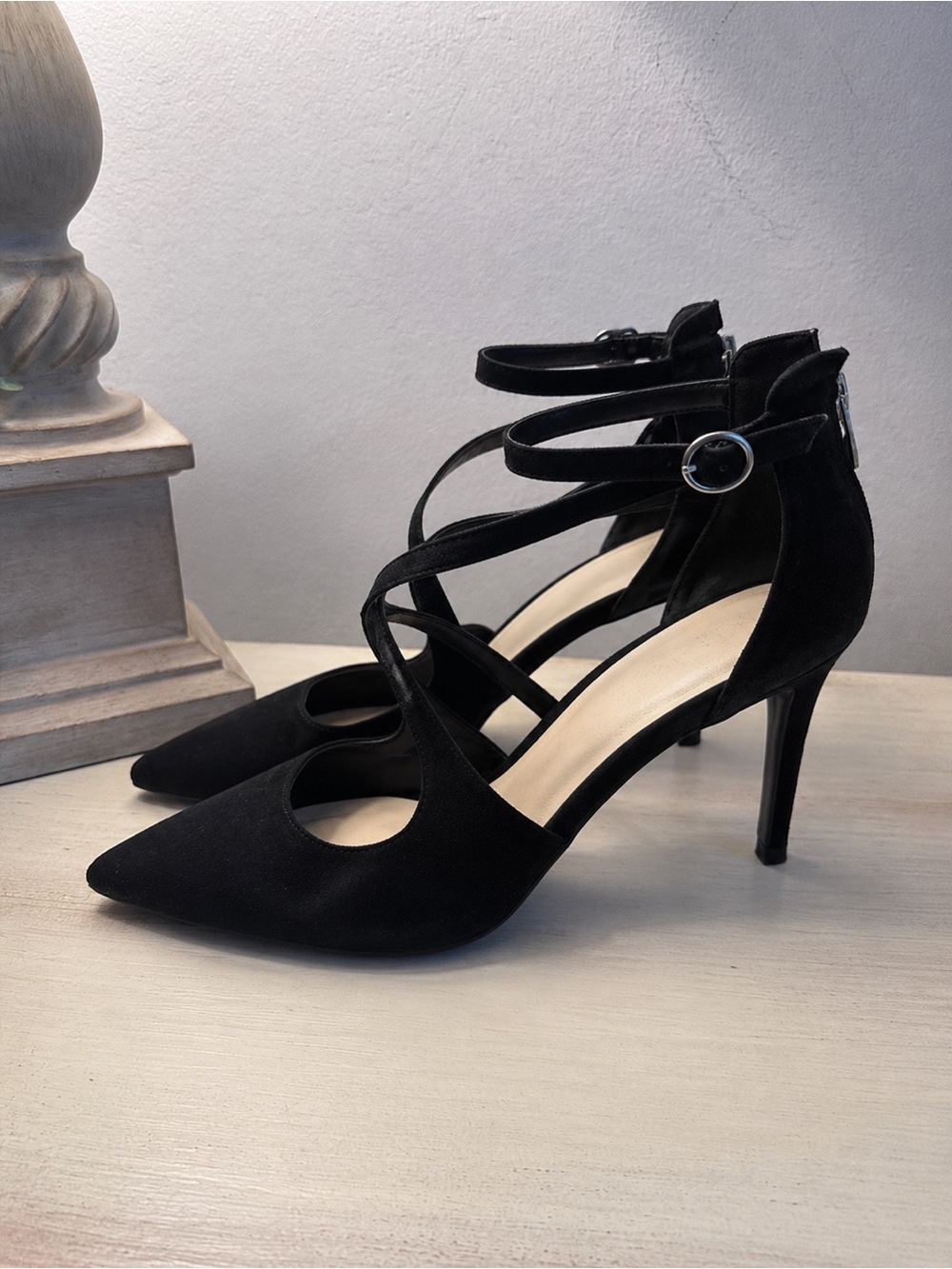 Nine West Black Suede Pointed-Toe Crisscross Strappy Heels